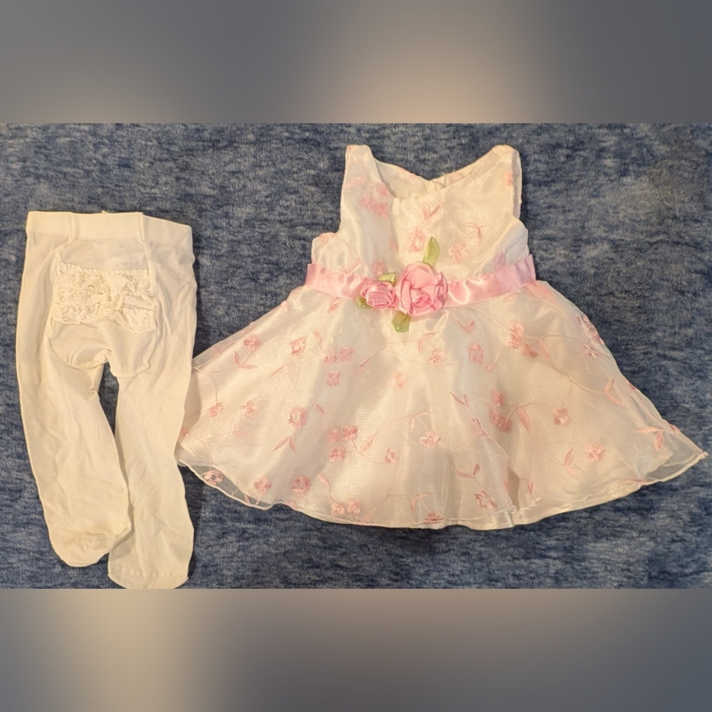 Youngland 3-6M Pink and White Floral Dress with Tights